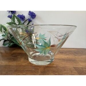 Vintage Anchor‎ Hocking Teal Blue Hand Painted Glass Floral Serving Bowl